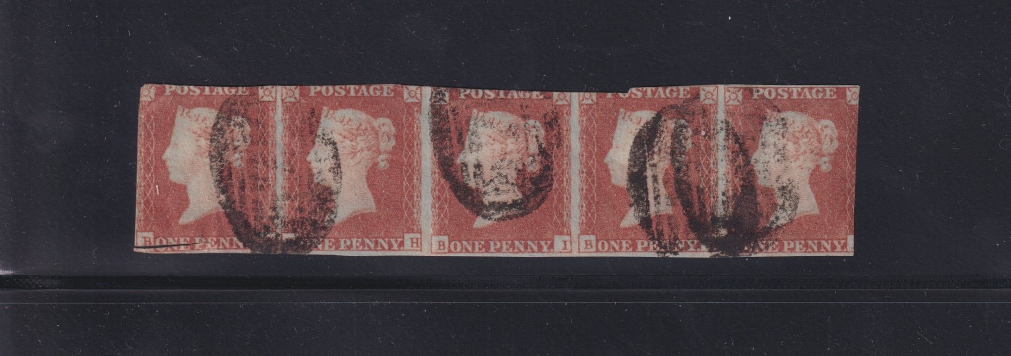 1841 Great Britian Scott #3 Imperf strip of five- Positions BG-BK