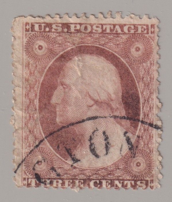 1857 US 3c Dull Red Washington Type IIa Scott #26a Used Faults